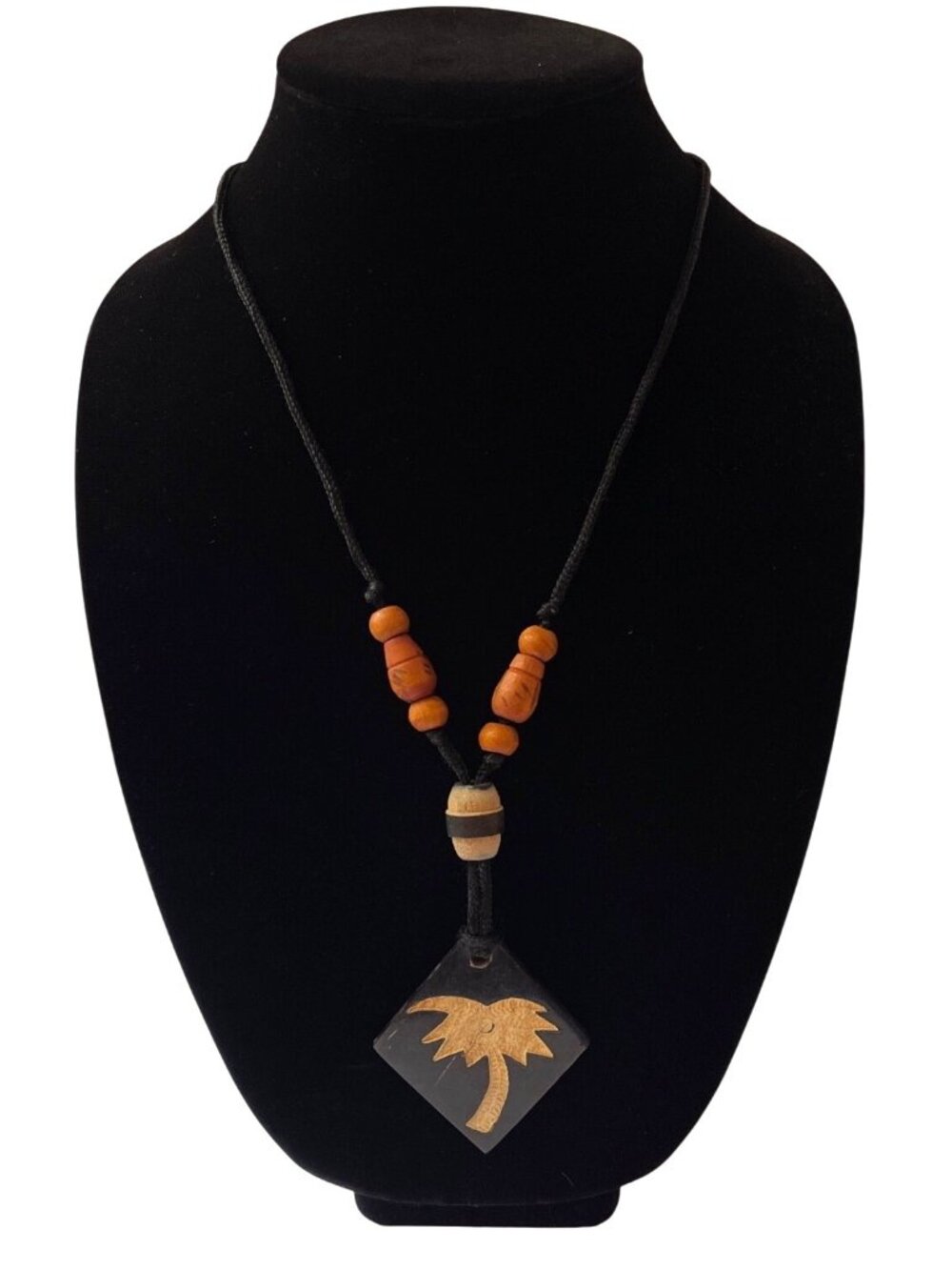 Vintage 70s Handcrafted Hawaiian Tiki Palm Tree Wooden Pendant Bead Necklace